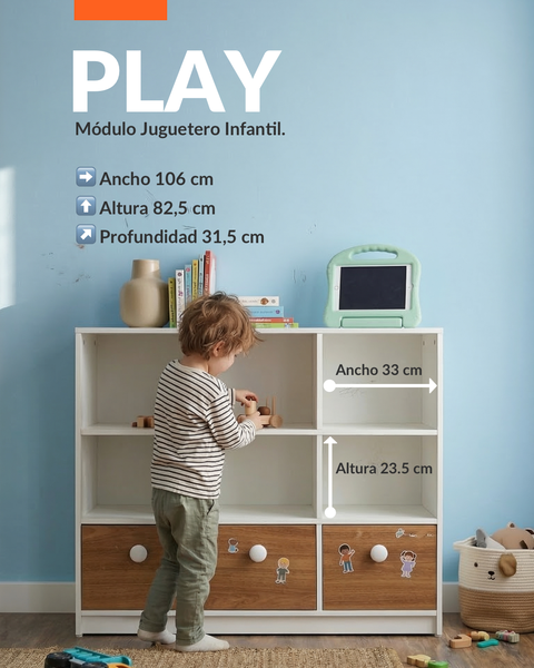 Los módulos PLAY se integran fácilmente a cualquier espacio de la casa, dormitorio infantil  o sala, para disfrutar y tener todo en orden.